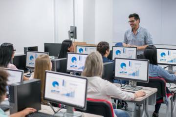 Prof et étudiants devant leurs ordinateurs dans une classe